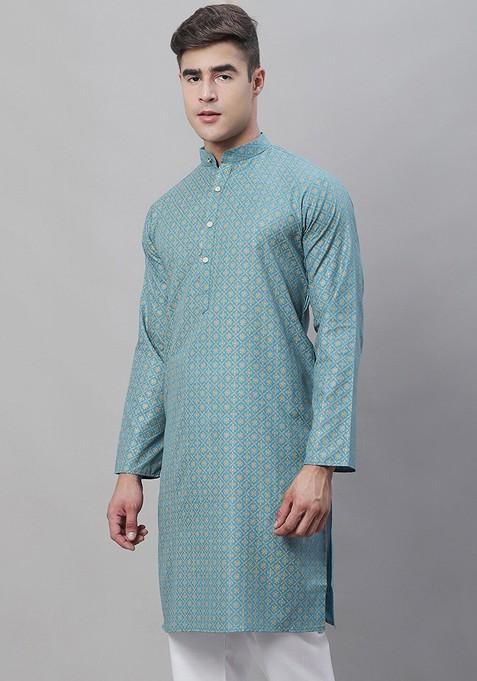 Teal Blue Printed Cotton Kurta For Men