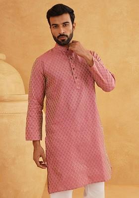 Pink Solid Jacquard Kurta For Men