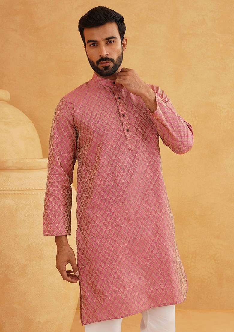Pink Solid Jacquard Kurta For Men - Indya