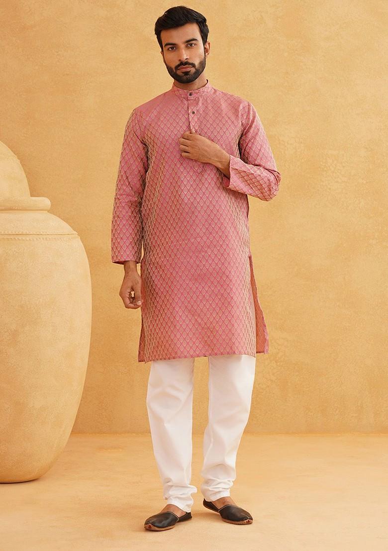 Pink Solid Jacquard Kurta For Men