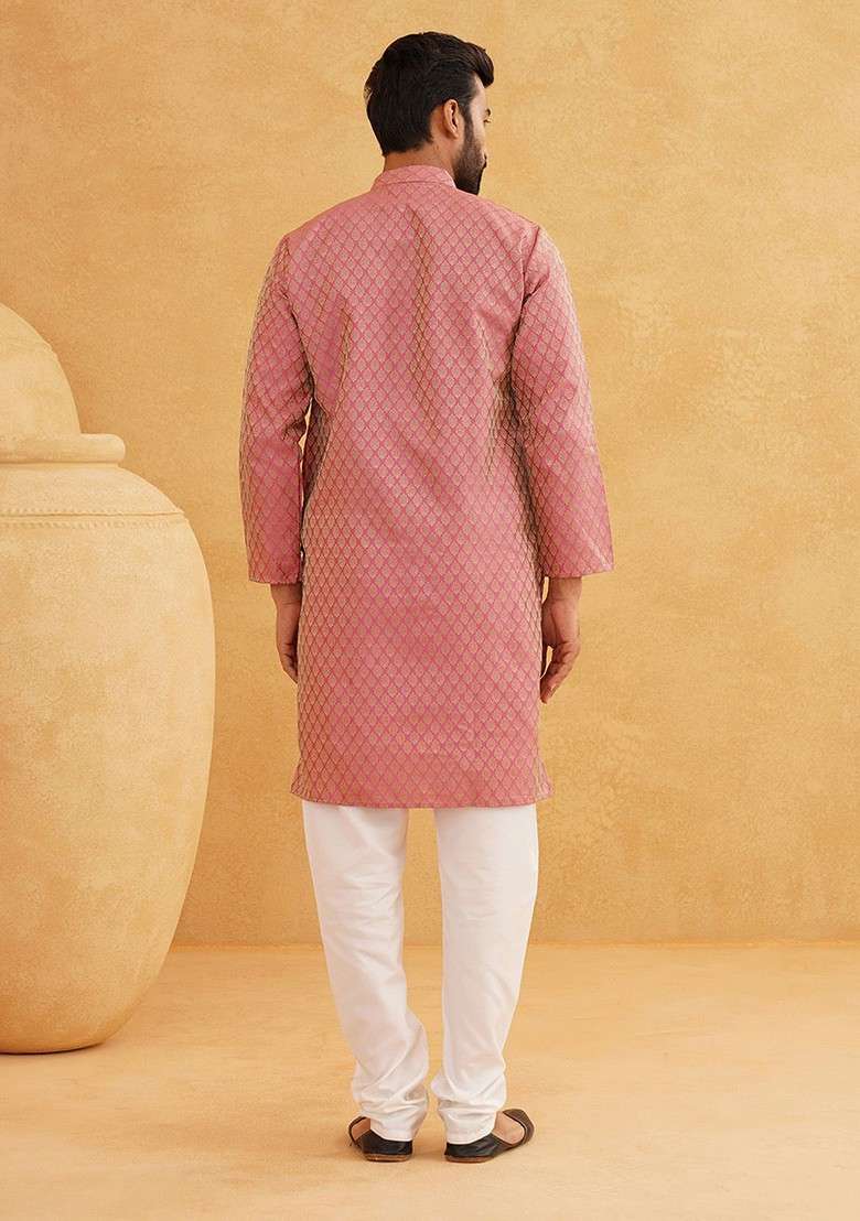 Pink Solid Jacquard Kurta For Men - Indya