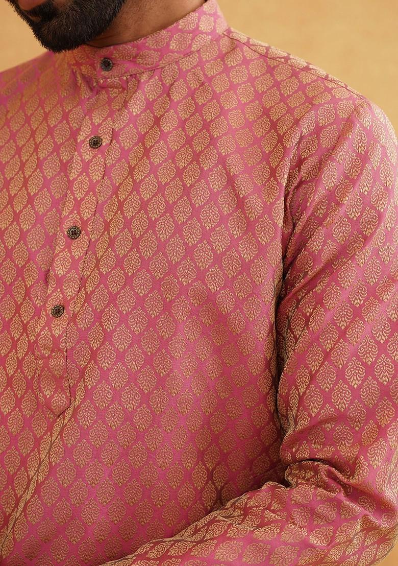 Pink Solid Jacquard Kurta For Men