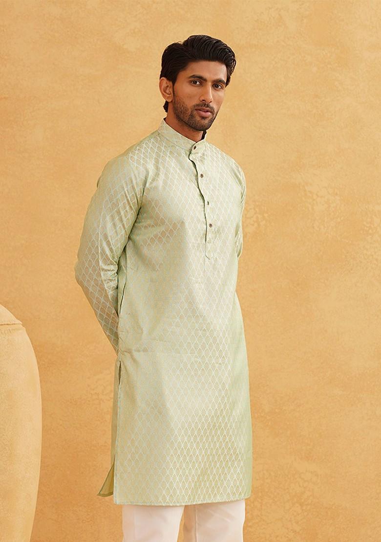 Sea Green Ethnic Motifs Cotton Kurta For Men