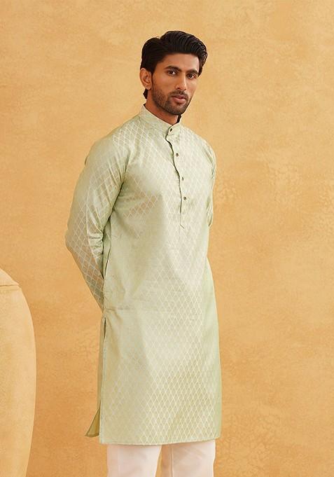 Sea Green Ethnic Motifs Cotton Kurta For Men