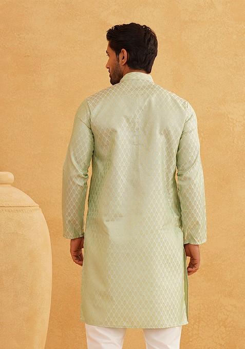Sea Green Ethnic Motifs Cotton Kurta For Men