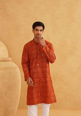 Orange Ethnic Motifs Poly Blend Kurta For Men