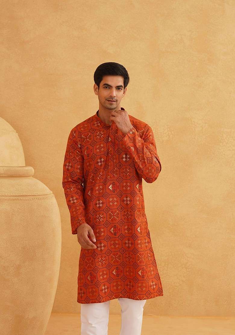 Orange Ethnic Motifs Poly Blend Kurta For Men - Indya