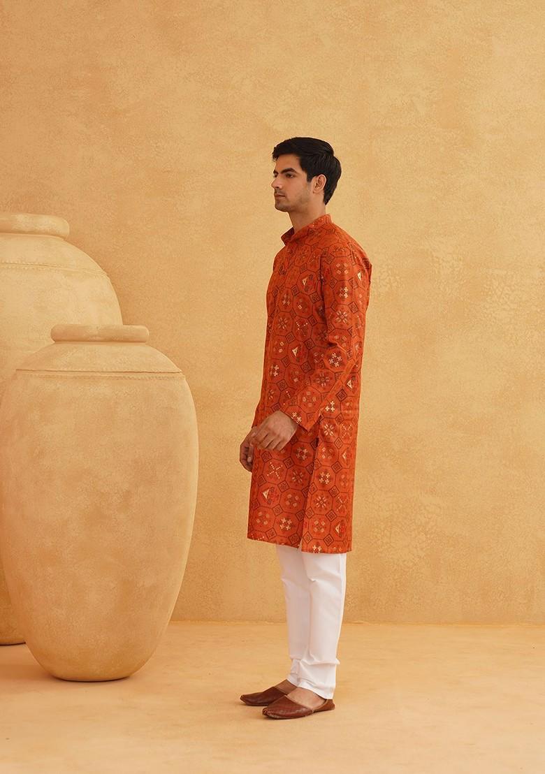 Orange Ethnic Motifs Poly Blend Kurta For Men