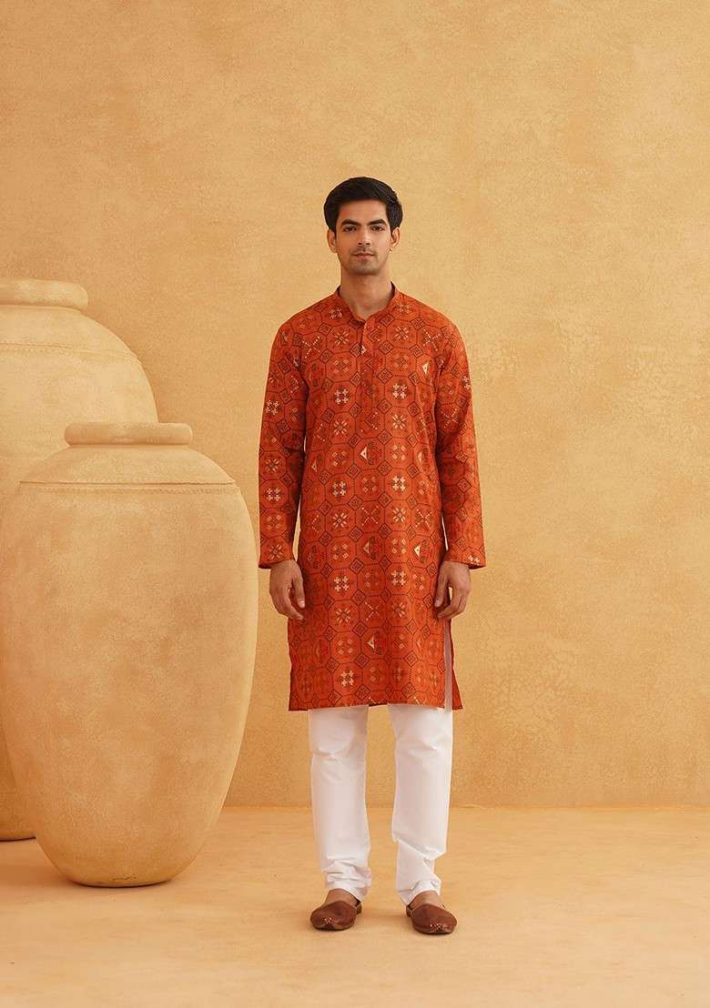 Orange Ethnic Motifs Poly Blend Kurta For Men - Indya