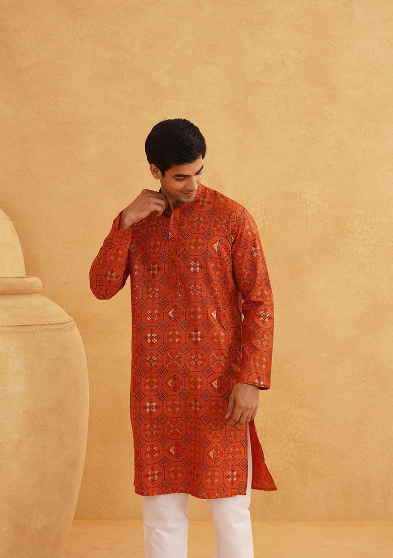 Orange Ethnic Motifs Poly Blend Kurta For Men