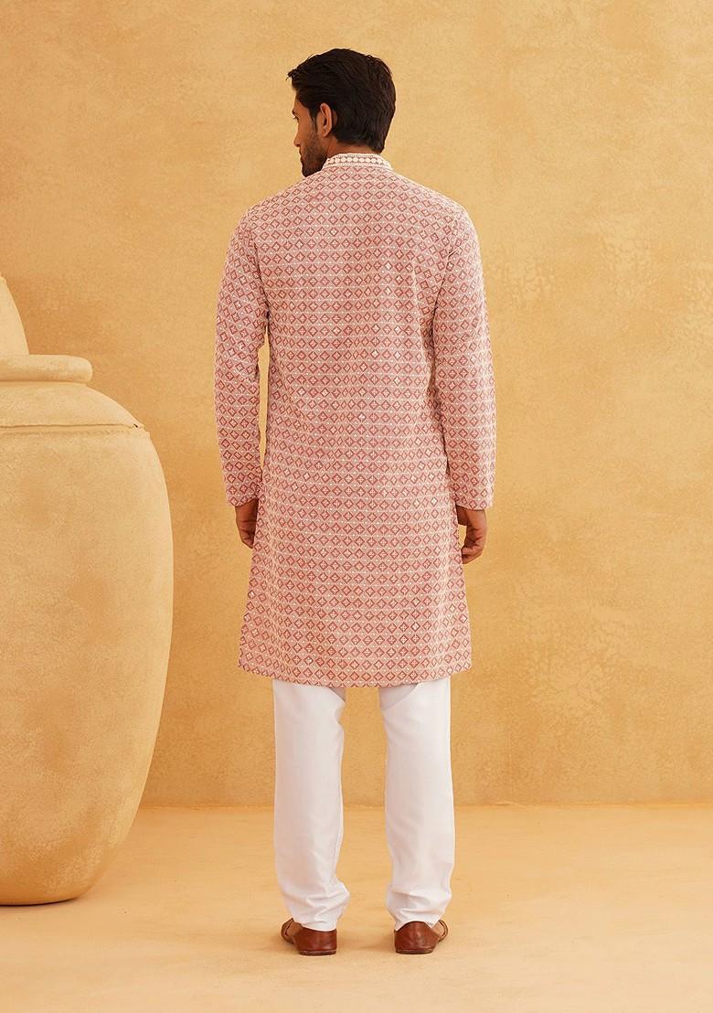 Peach Embroidered Cotton Kurta For Men