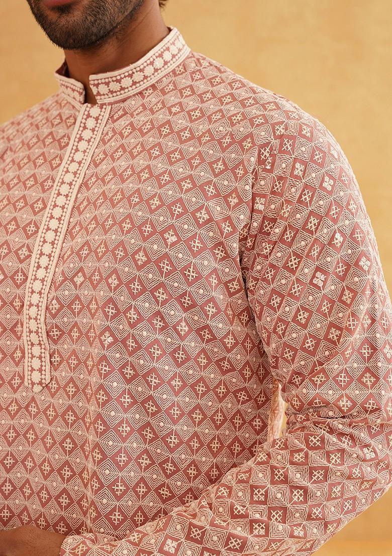 Peach Embroidered Cotton Kurta For Men