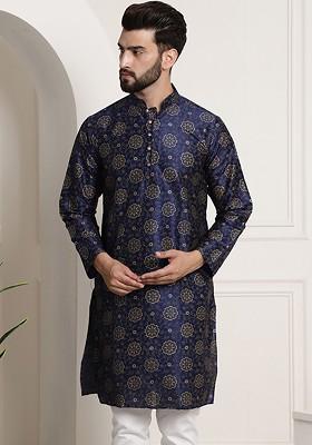 Navy Blue Ethnic Motifs Poly Blend Kurta For Men