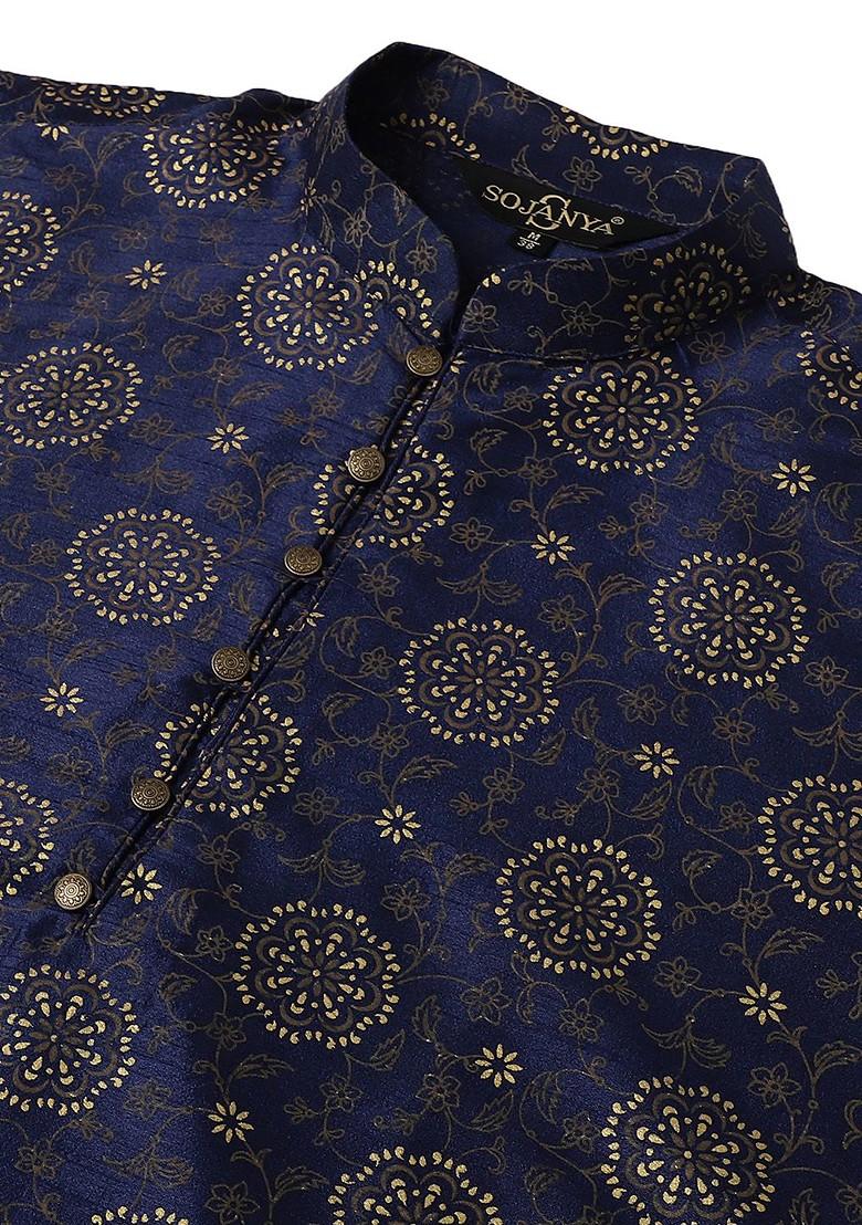 Navy Blue Ethnic Motifs Poly Blend Kurta For Men