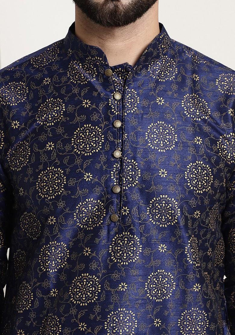 Navy Blue Ethnic Motifs Poly Blend Kurta For Men