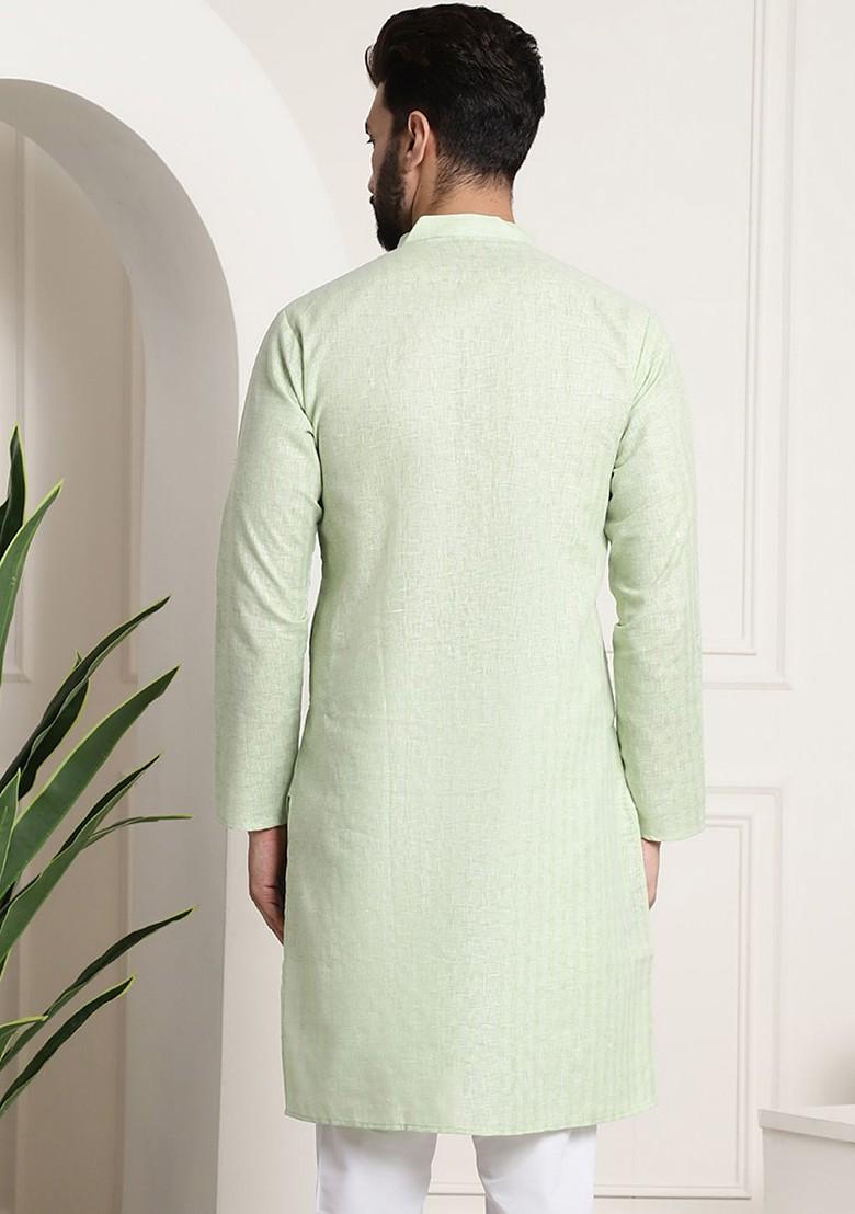 Green Checked Poly Blend Kurta For Men