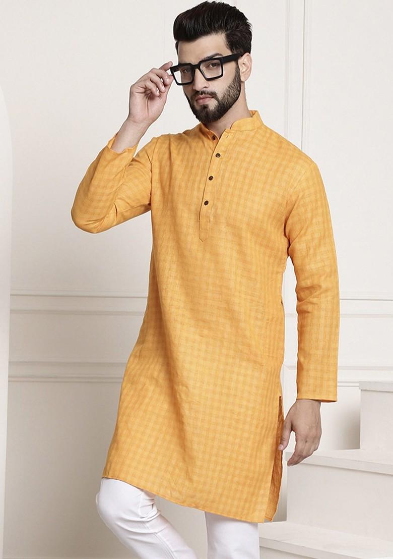 Mustard Checked Poly Blend Kurta For Men