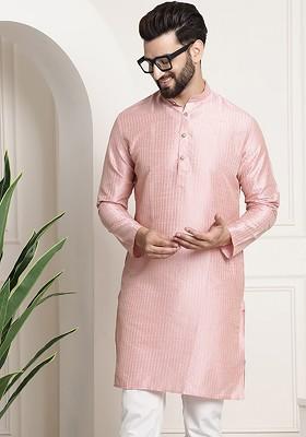 Pink Striped Poly Blend Kurta For Men