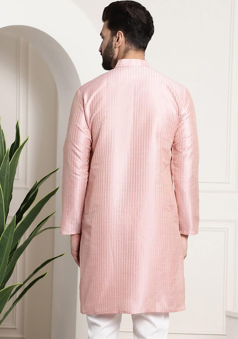 Pink Striped Poly Blend Kurta For Men