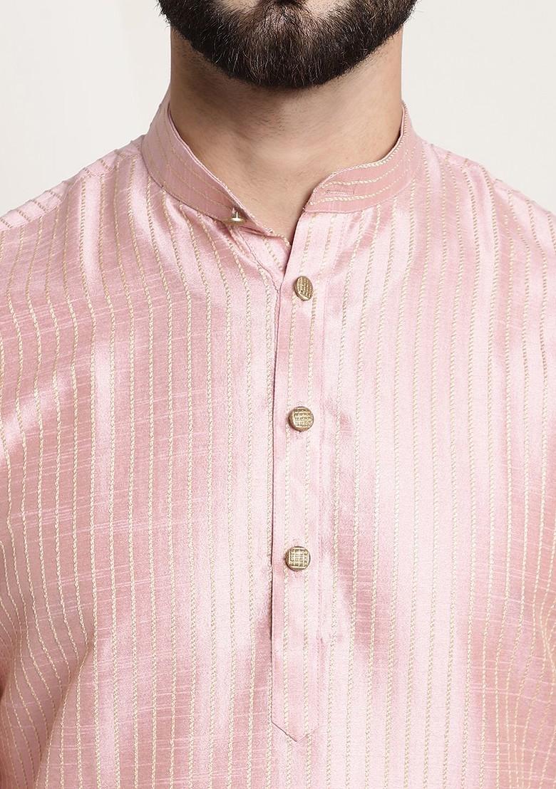 Pink Striped Poly Blend Kurta For Men