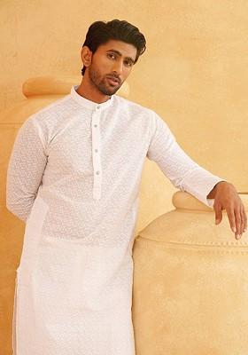 White Chikankari Cotton Kurta For Men