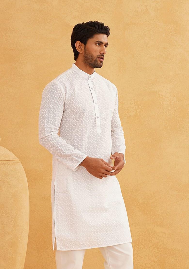 White Chikankari Cotton Kurta For Men