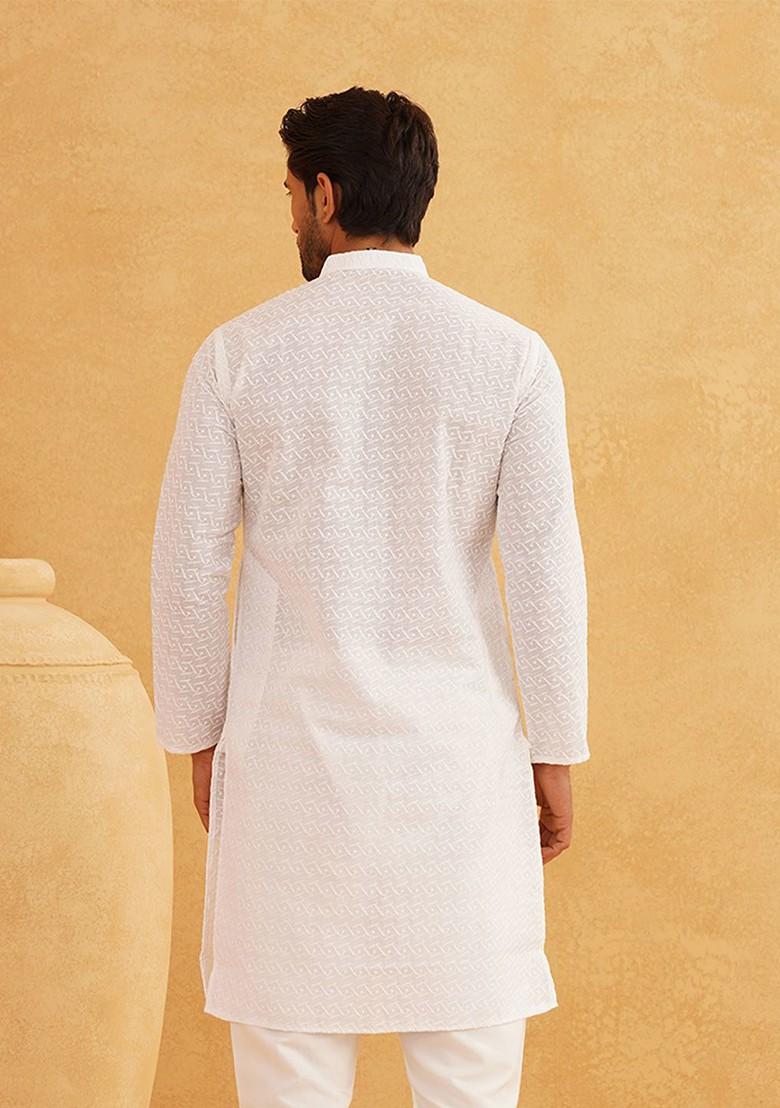 White Chikankari Cotton Kurta For Men