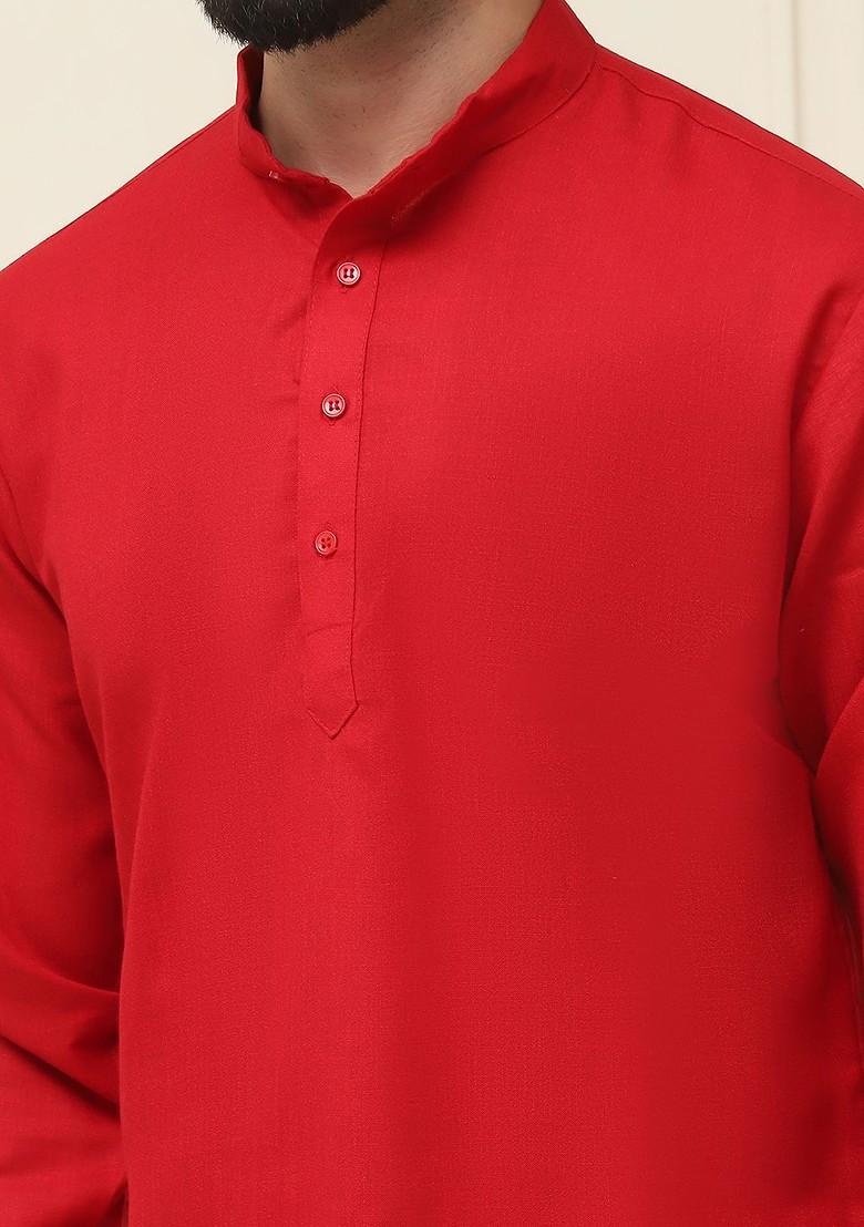 Red Solid Poly Blend Kurta For Men