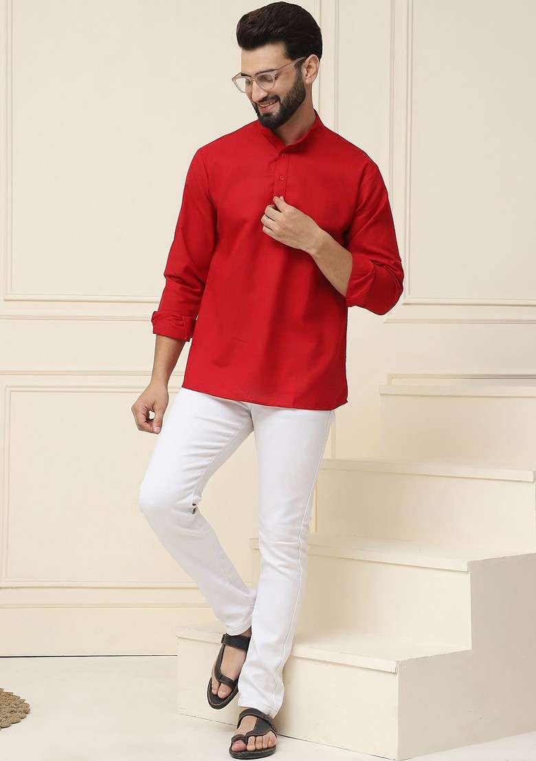 Red Solid Poly Blend Kurta For Men - Indya