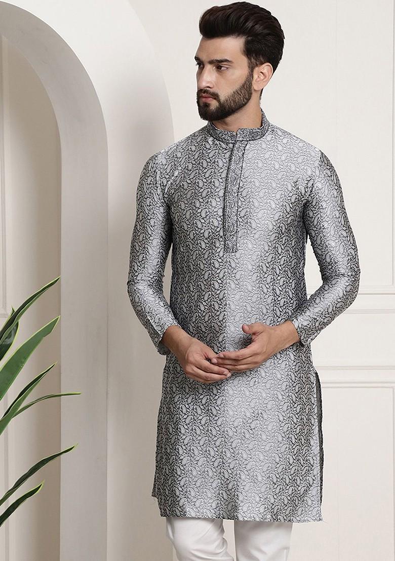 Grey Embroidered Poly Blend Kurta For Men