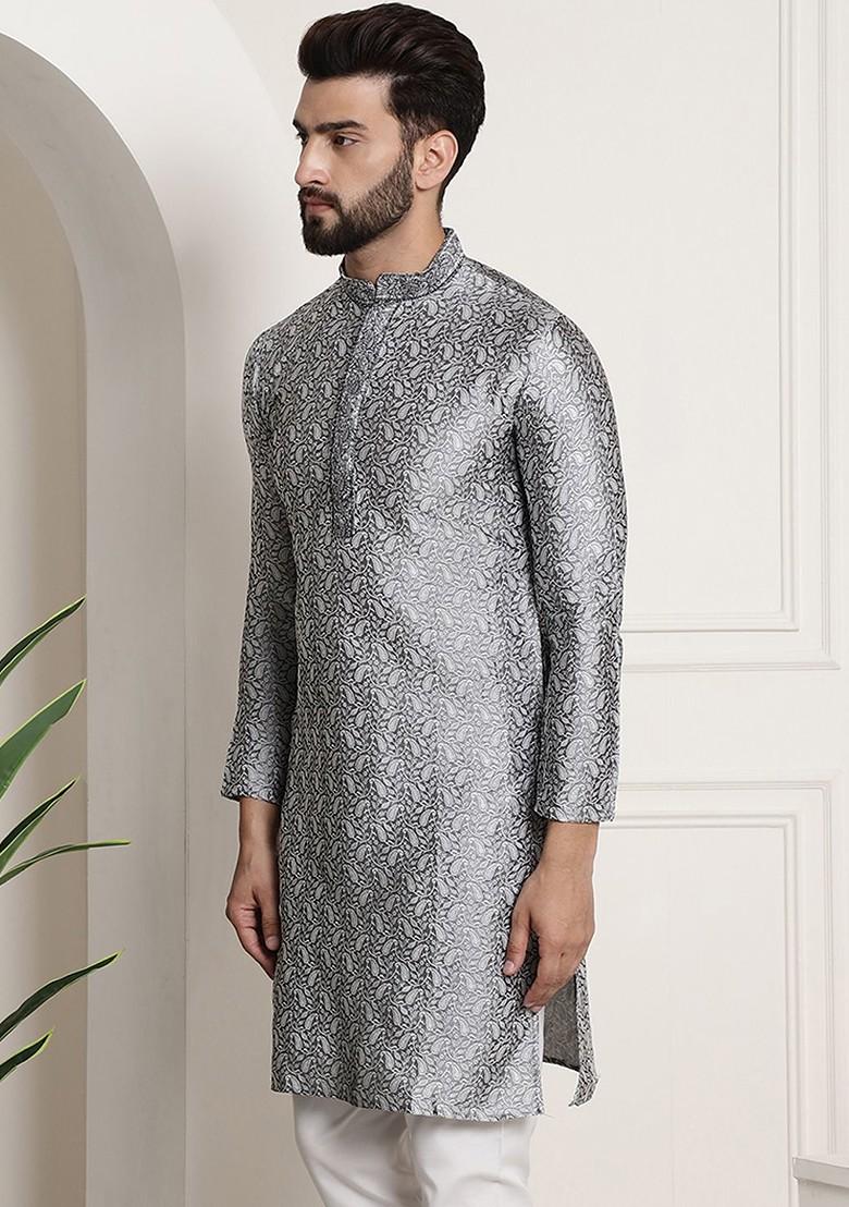Grey Embroidered Poly Blend Kurta For Men