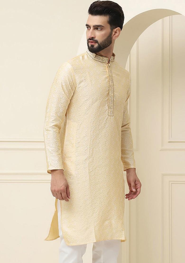 Gold Woven Poly Blend Kurta For Men