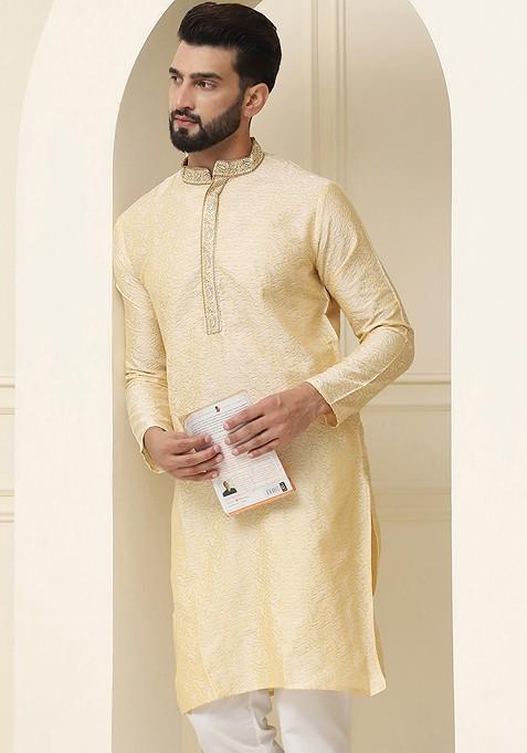 Gold Woven Poly Blend Kurta For Men