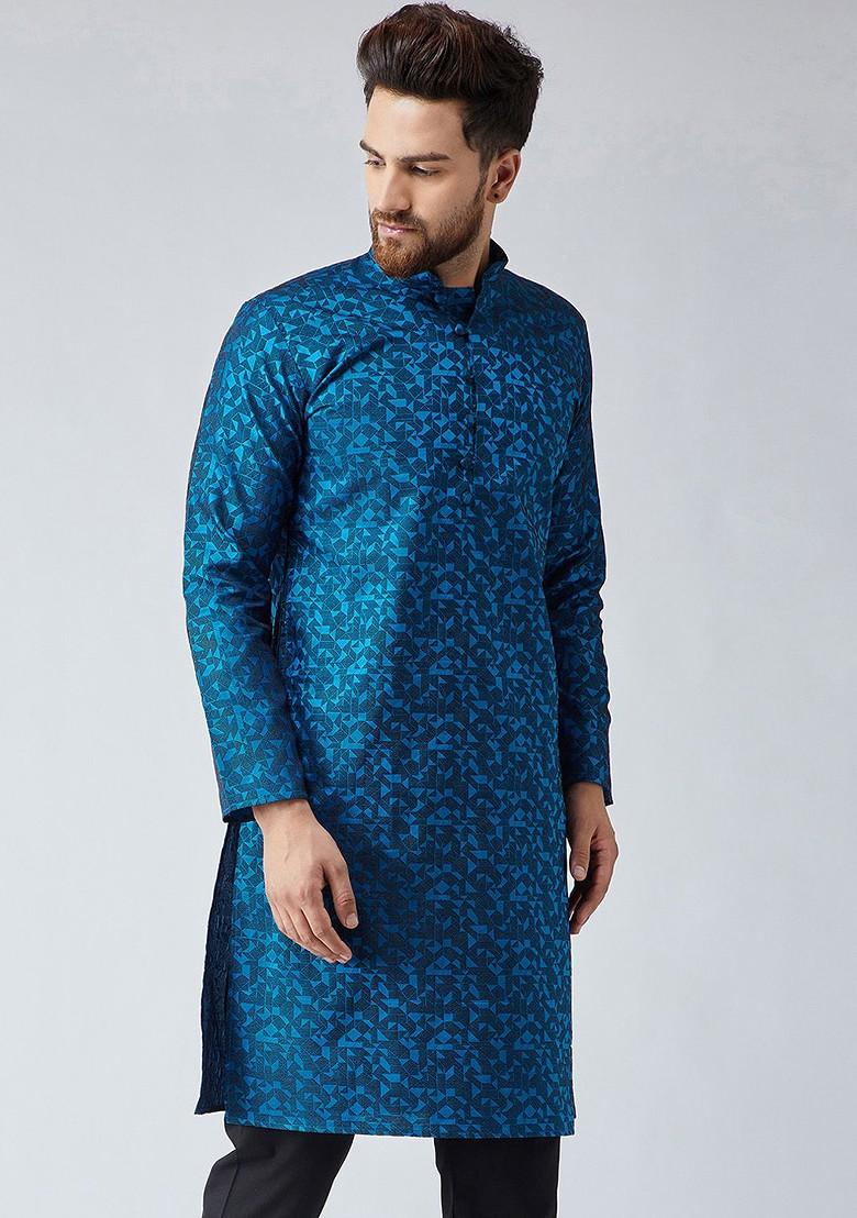 Blue Woven Poly Blend Kurta For Men