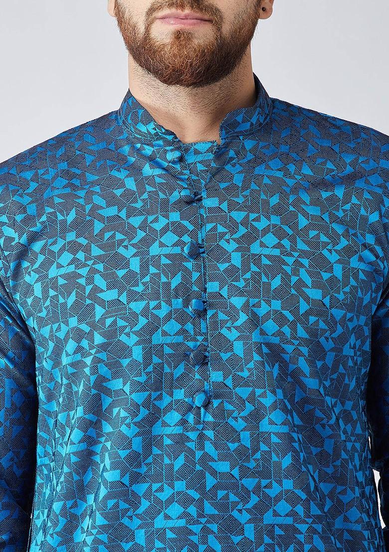 Blue Woven Poly Blend Kurta For Men