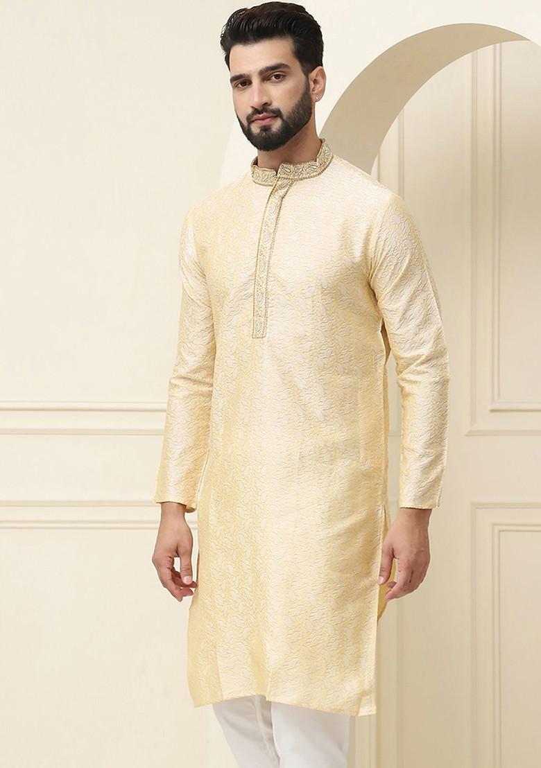 Gold Woven Poly Blend Kurta For Men