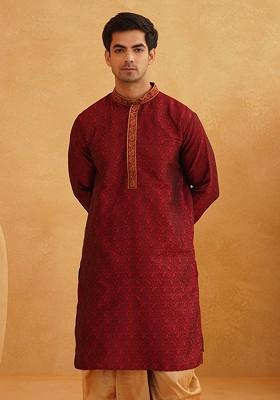 Maroon Woven Poly Blend Kurta For Men