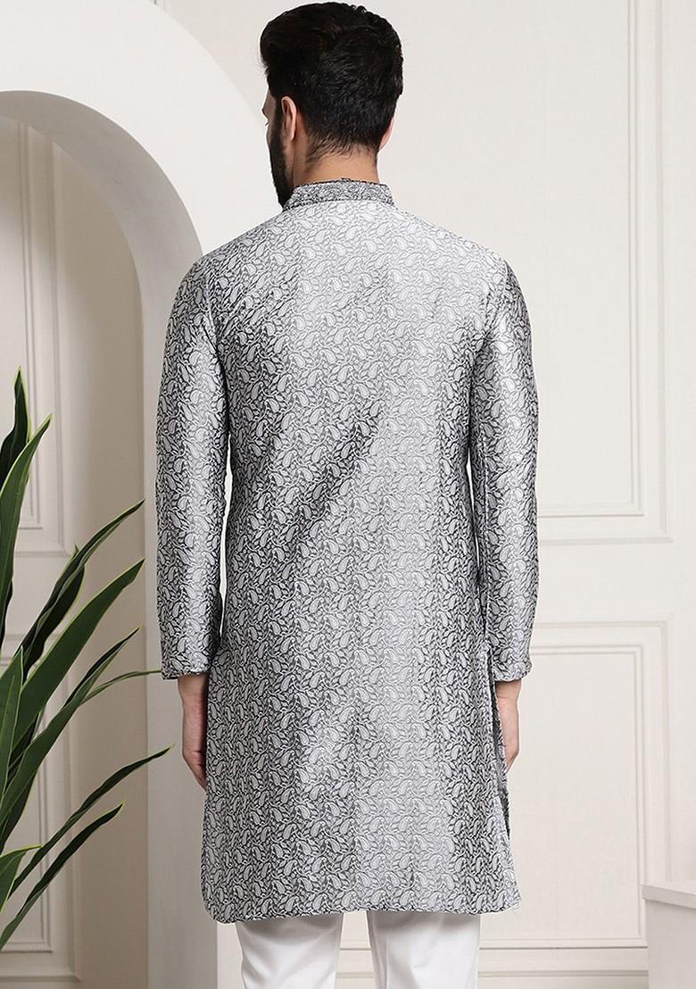 Grey Woven Poly Blend Kurta For Men