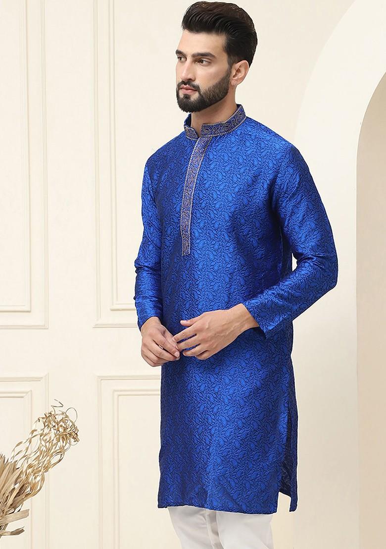 Blue Woven Poly Blend Kurta For Men
