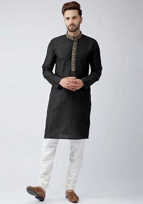 Black Embellished Poly Blend Kurta For Men