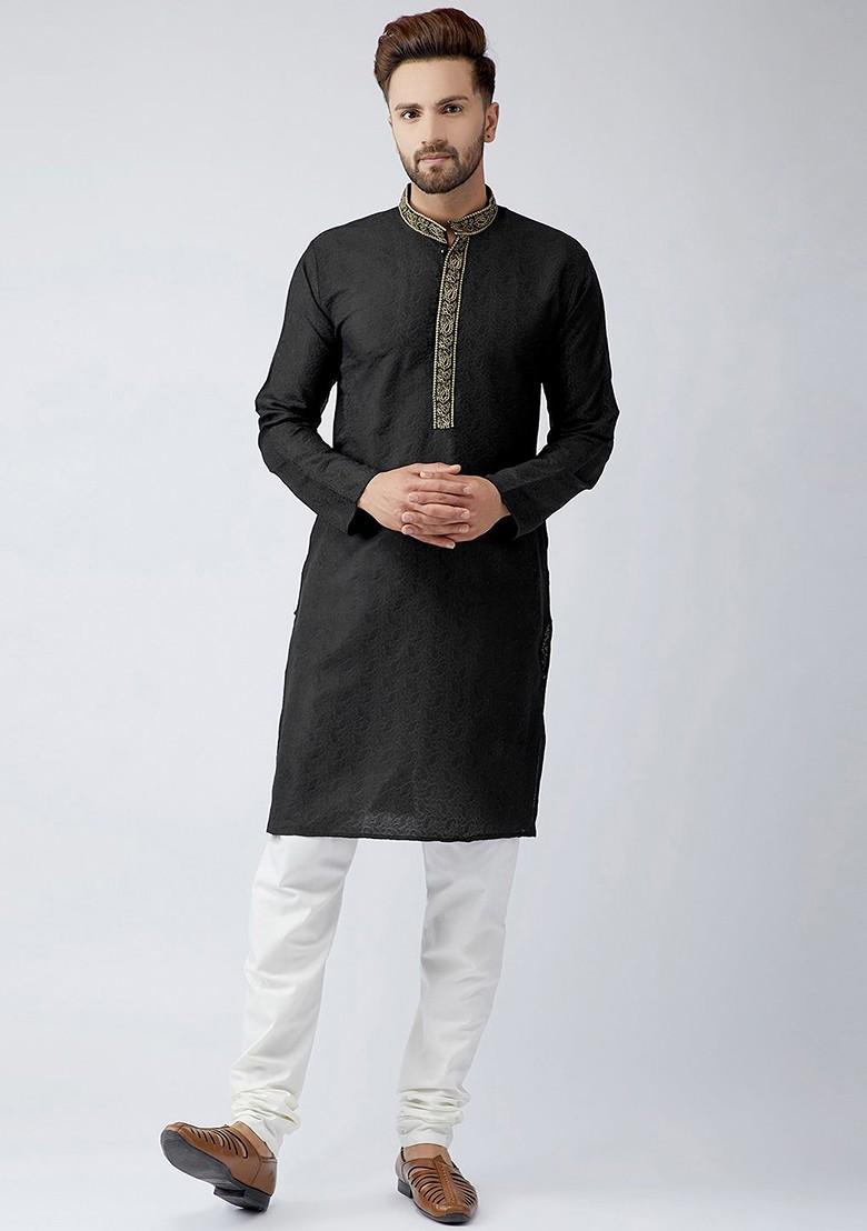 Black Embellished Poly Blend Kurta For Men