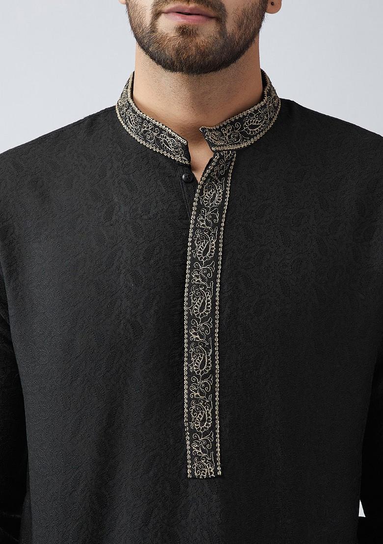 Black Embellished Poly Blend Kurta For Men