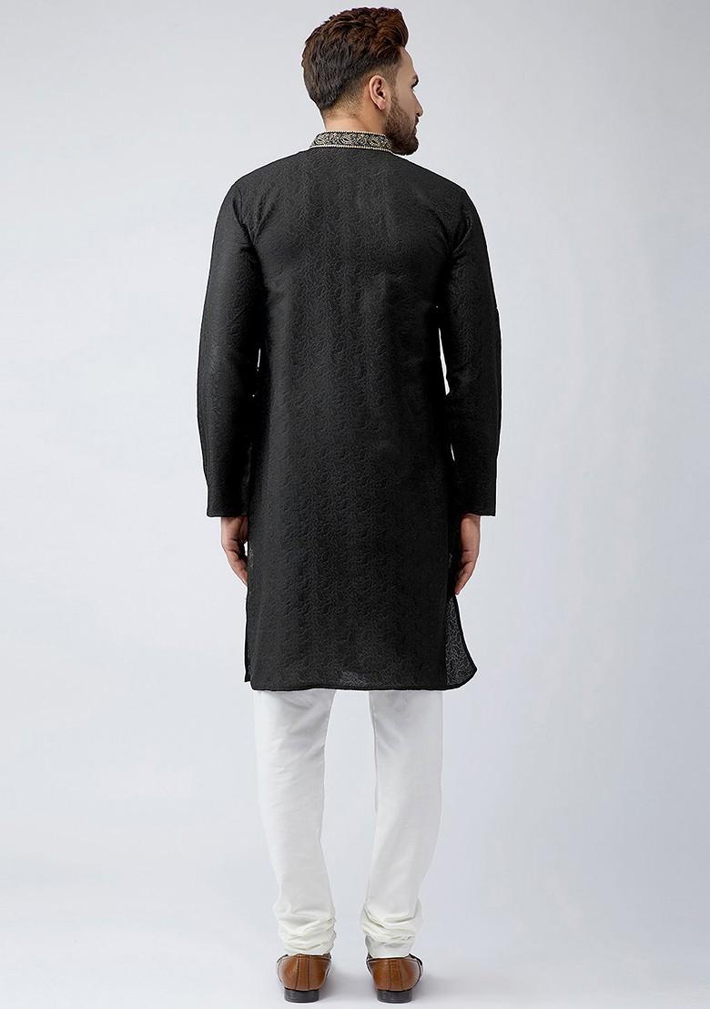 Black Embellished Poly Blend Kurta For Men