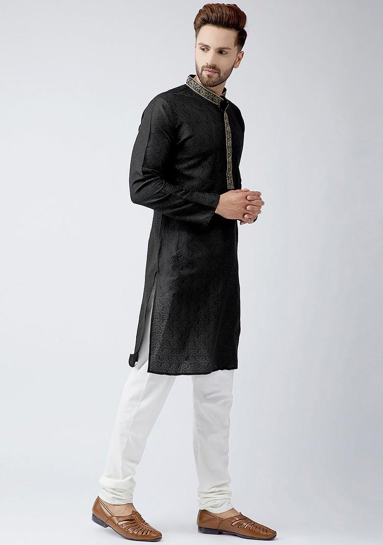 Black Embellished Poly Blend Kurta For Men