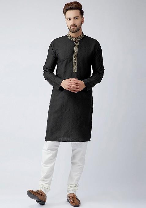Black Embellished Poly Blend Kurta For Men