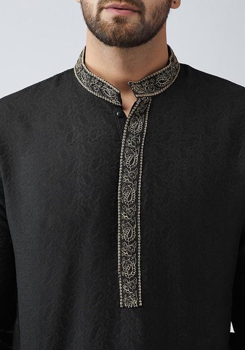 Black Embellished Poly Blend Kurta For Men