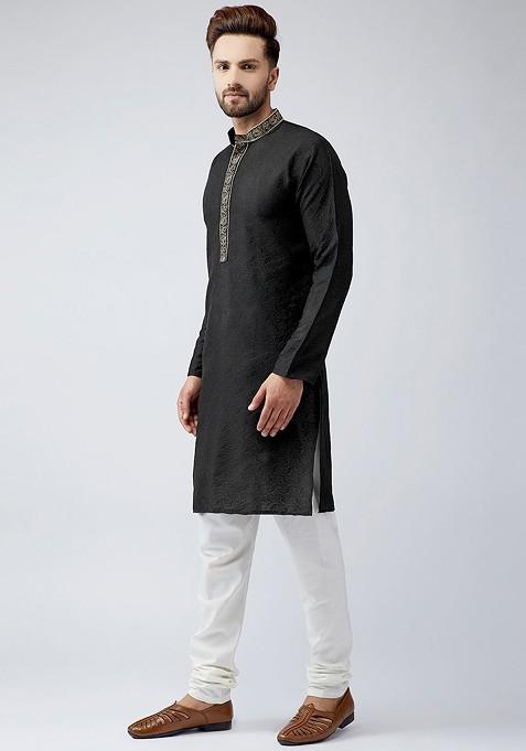 Black Embellished Poly Blend Kurta For Men