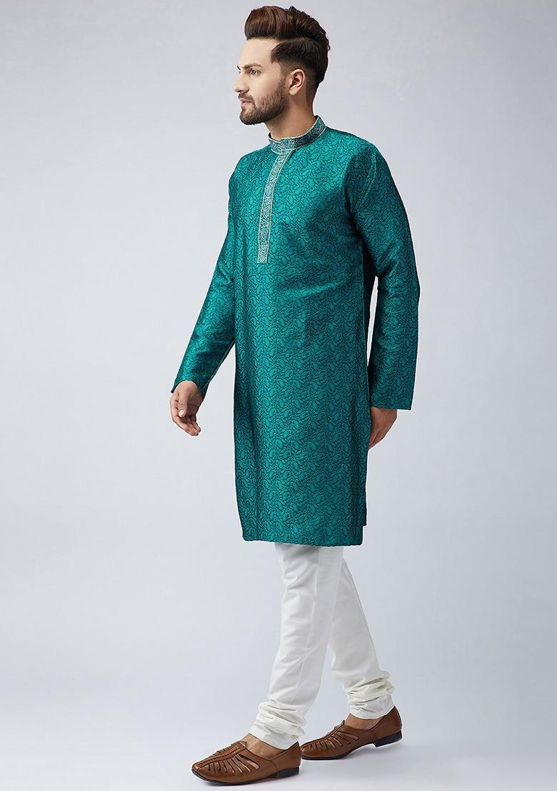 Sea Green Woven Poly Blend Kurta For Men