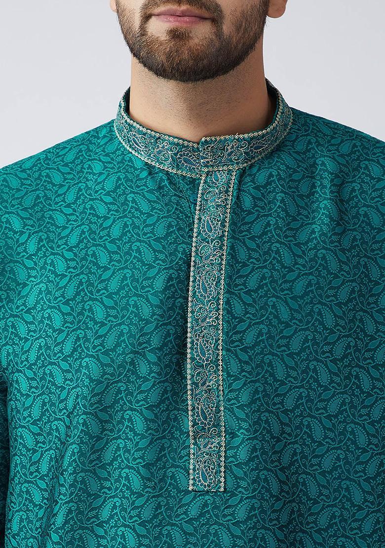 Sea Green Woven Poly Blend Kurta For Men