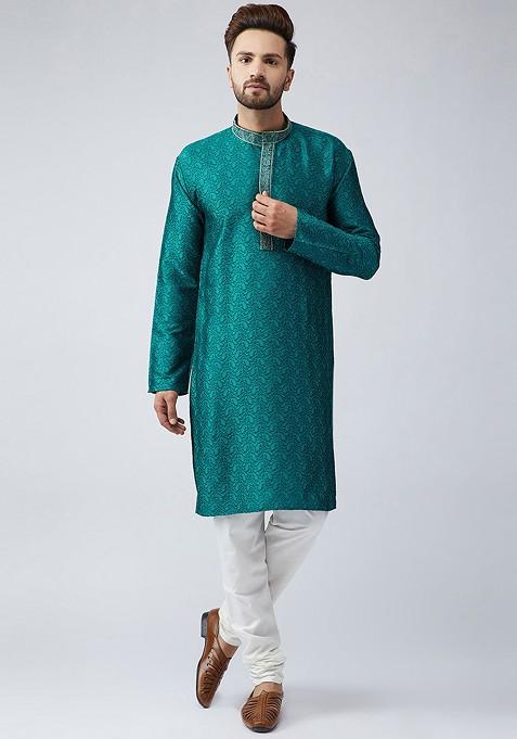 Sea Green Woven Poly Blend Kurta For Men